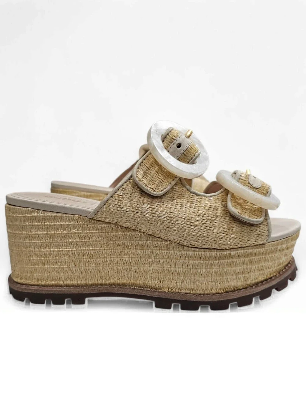 SCHUTZ Bela Platform Raffia Wedge Slide Sandals In Natural & Egg Shell 6B